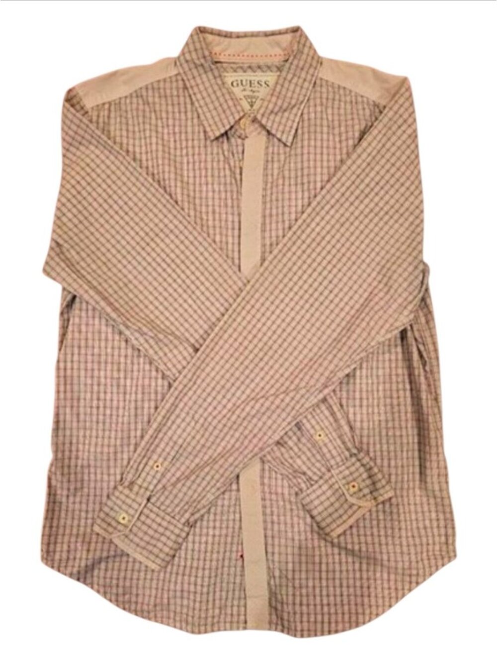 Guess Mens Plaid Long Sleeve Button-Up Shirt M Beige & Red Cotton